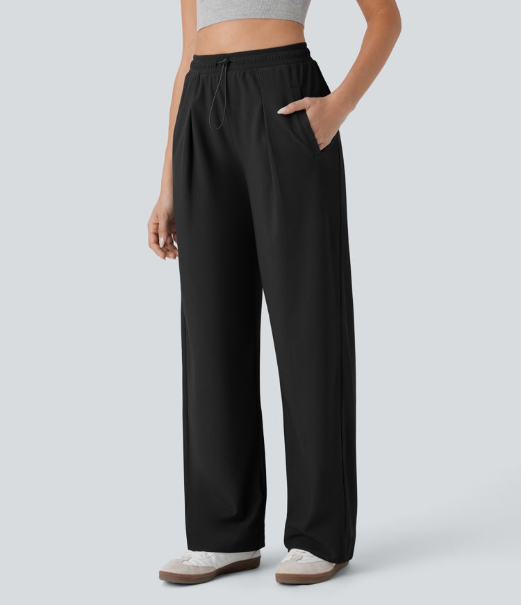 pantalon décontracté taille haute à poches et jambes droites en micro-gaufrette gaufrée