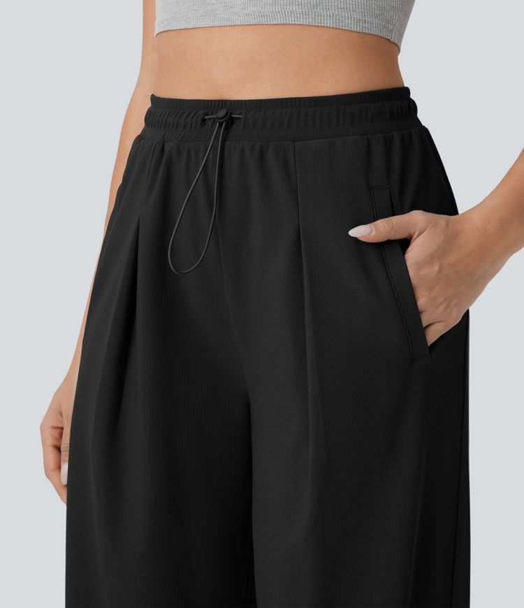 pantalon décontracté taille haute à poches et jambes droites en micro-gaufrette gaufrée