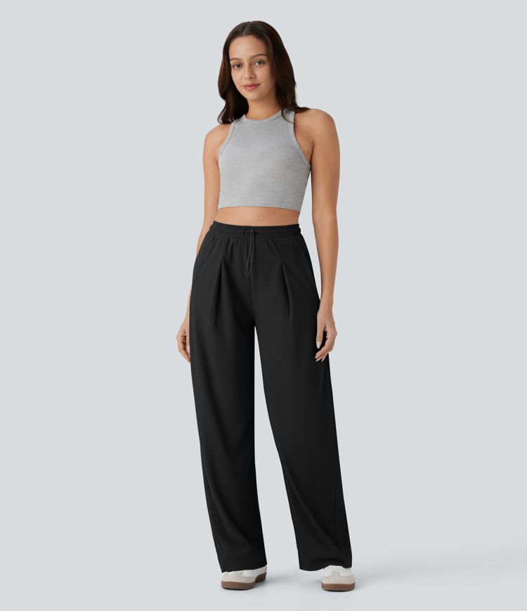 pantalon décontracté taille haute à poches et jambes droites en micro-gaufrette gaufrée