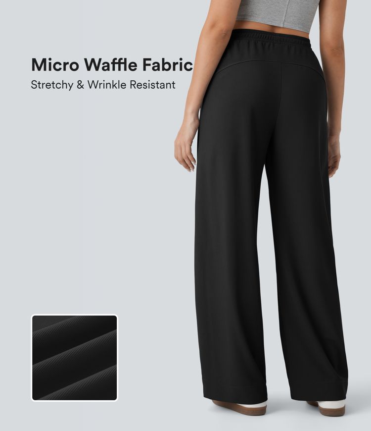 pantalon décontracté taille haute à poches et jambes droites en micro-gaufrette gaufrée