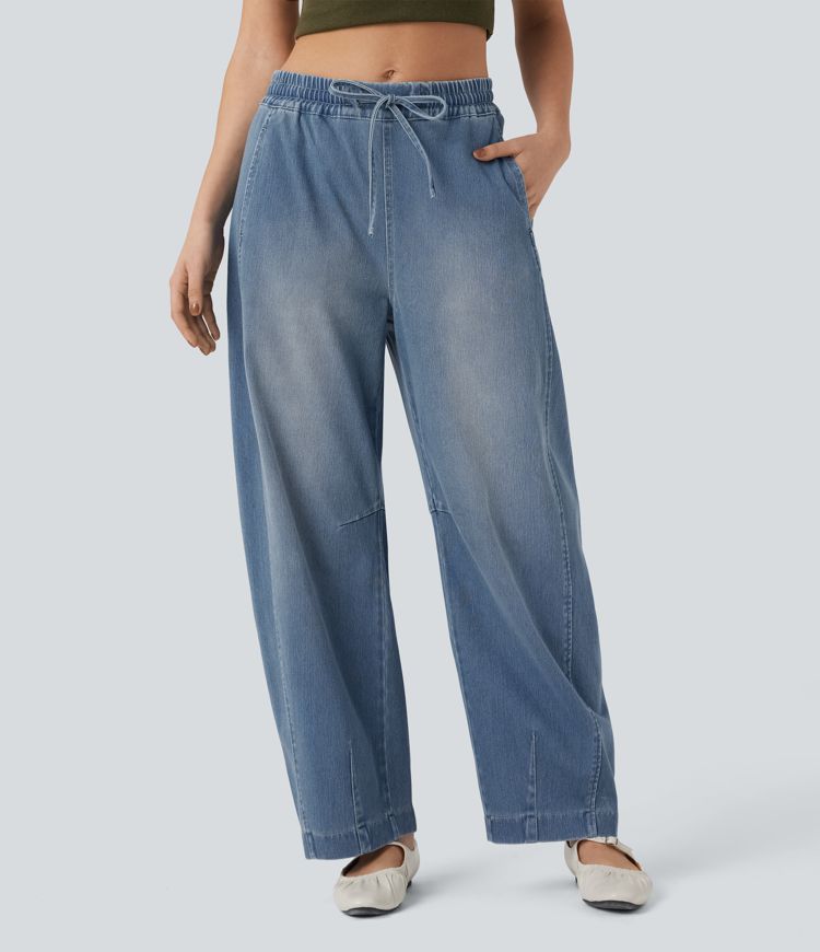 pantalon de survêtement ample et décontracté à taille mi-haute avec cordon de serrage et poches style baril délavé