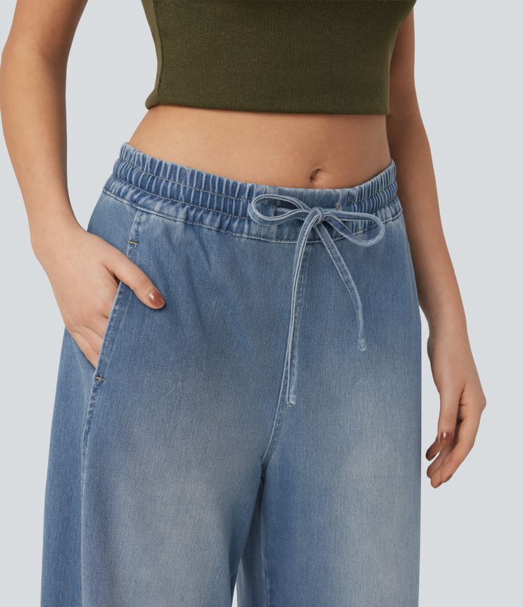 pantalon de survêtement ample et décontracté à taille mi-haute avec cordon de serrage et poches style baril délavé