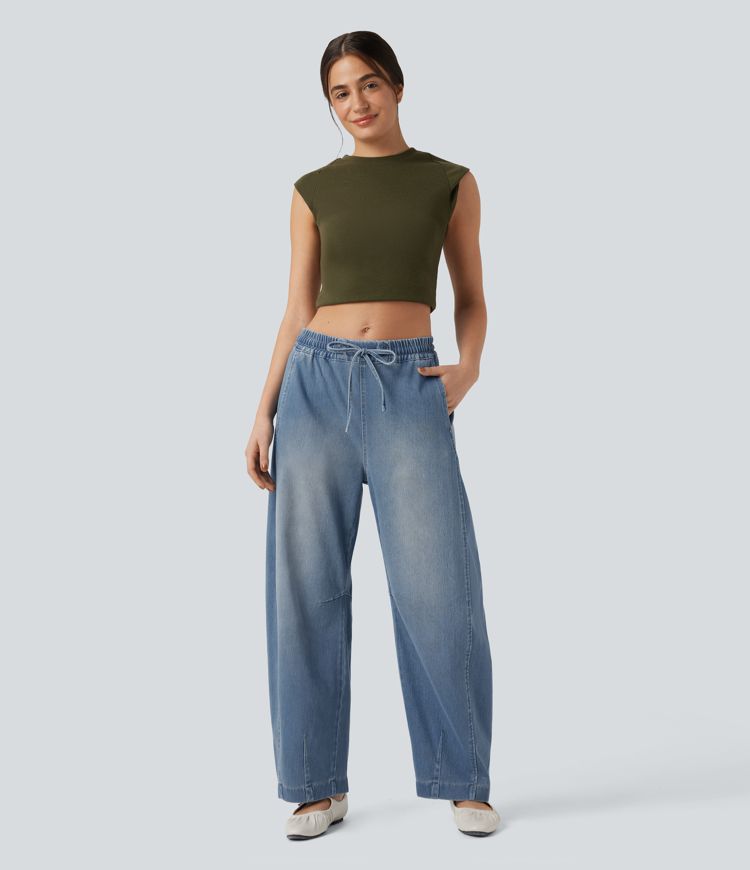 pantalon de survêtement ample et décontracté à taille mi-haute avec cordon de serrage et poches style baril délavé