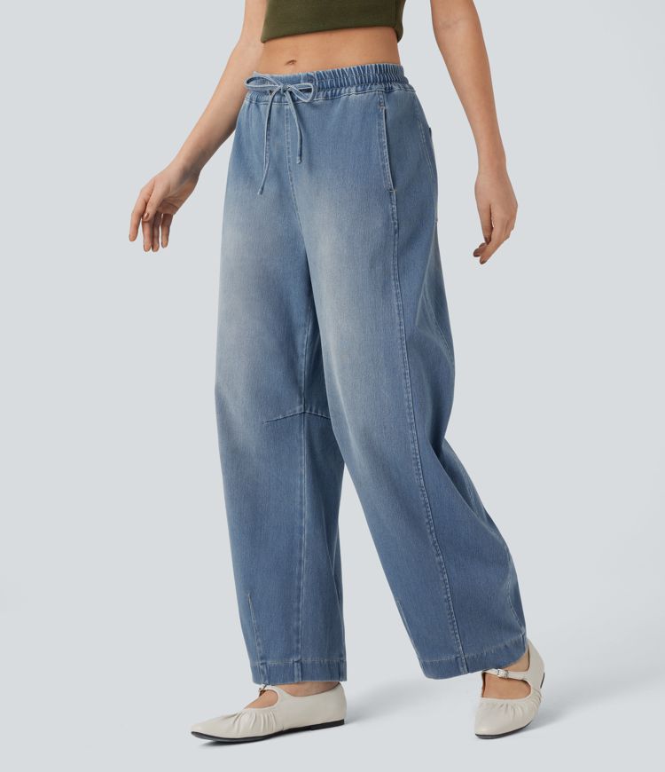 pantalon de survêtement ample et décontracté à taille mi-haute avec cordon de serrage et poches style baril délavé