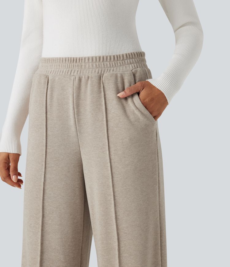 pantalon thermique décontracté taille haute à jambes droites avec poches