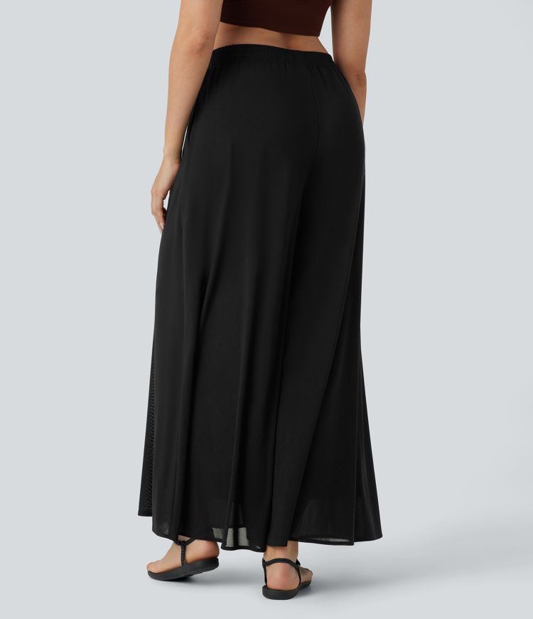 pantalon décontracté taille haute à poches et empiècements en mesh jambes larges