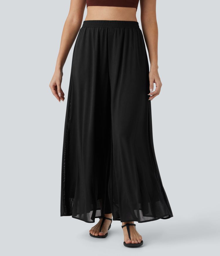 pantalon décontracté taille haute à poches et empiècements en mesh jambes larges