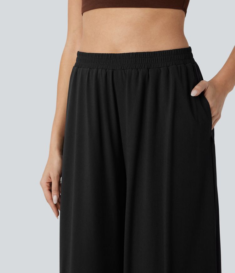 pantalon décontracté taille haute à poches et empiècements en mesh jambes larges