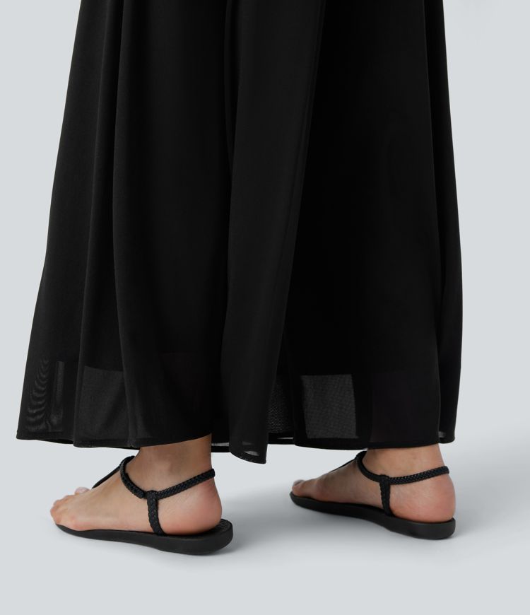 pantalon décontracté taille haute à poches et empiècements en mesh jambes larges