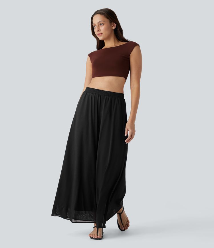 pantalon décontracté taille haute à poches et empiècements en mesh jambes larges