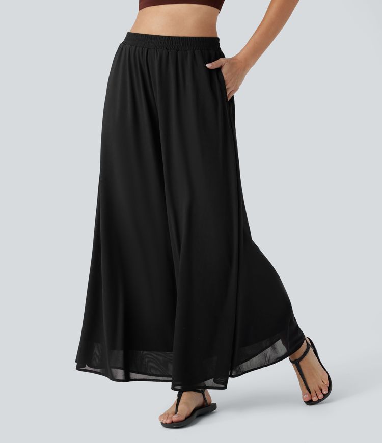 pantalon décontracté taille haute à poches et empiècements en mesh jambes larges