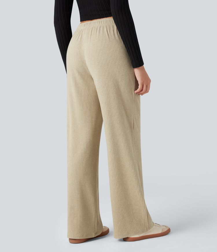 pantalon large décontracté en maille côtelée à taille basse et cordon de serrage avec poches