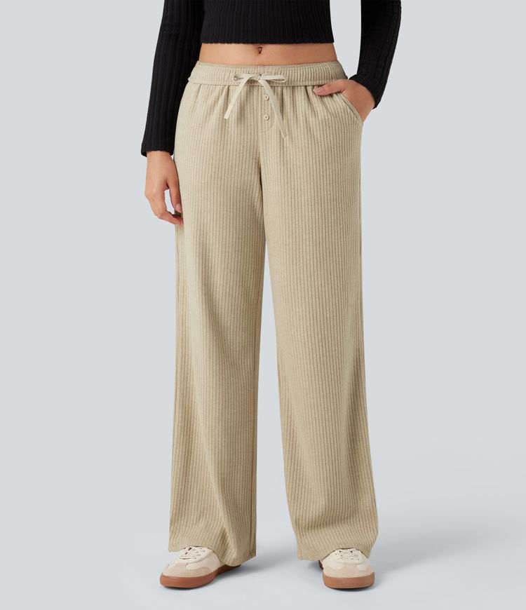pantalon large décontracté en maille côtelée à taille basse et cordon de serrage avec poches