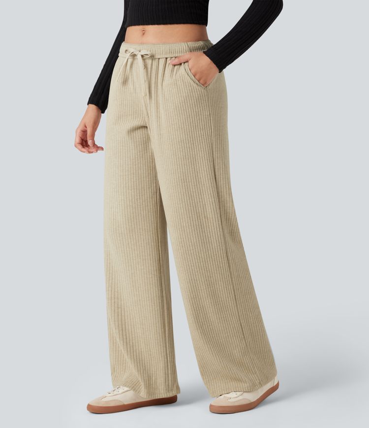 pantalon large décontracté en maille côtelée à taille basse et cordon de serrage avec poches
