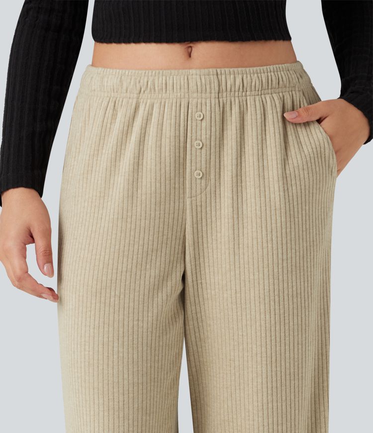 pantalon large décontracté en maille côtelée à taille basse et cordon de serrage avec poches
