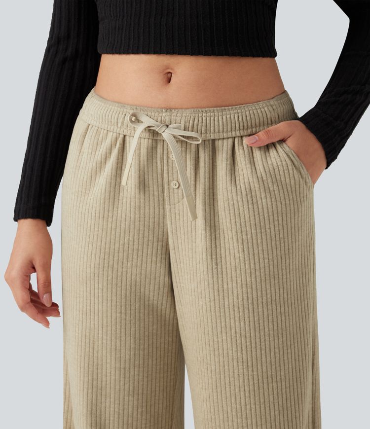 pantalon large décontracté en maille côtelée à taille basse et cordon de serrage avec poches