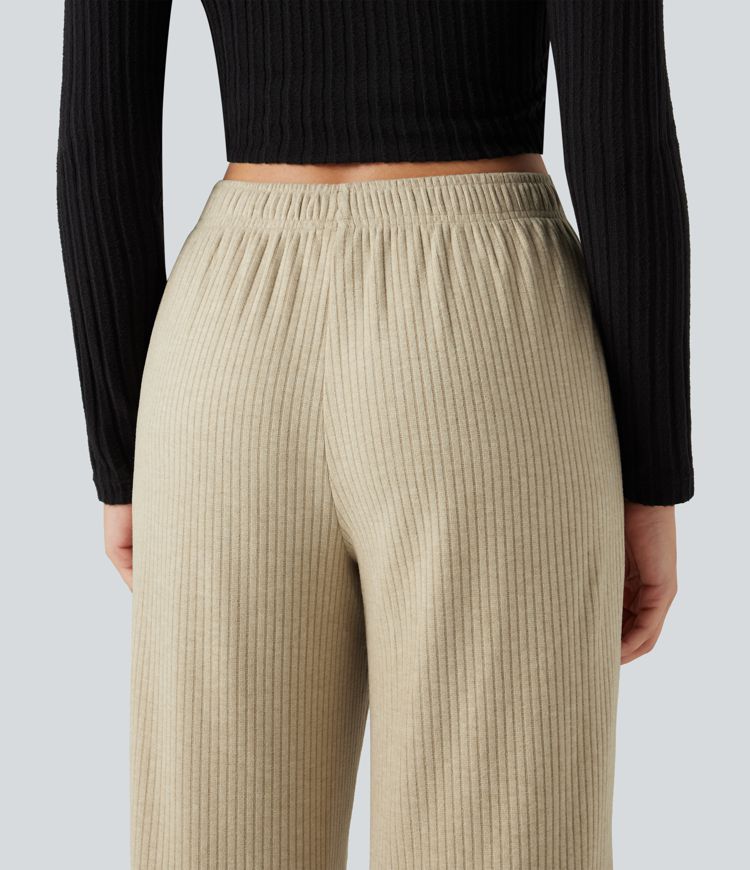 pantalon large décontracté en maille côtelée à taille basse et cordon de serrage avec poches