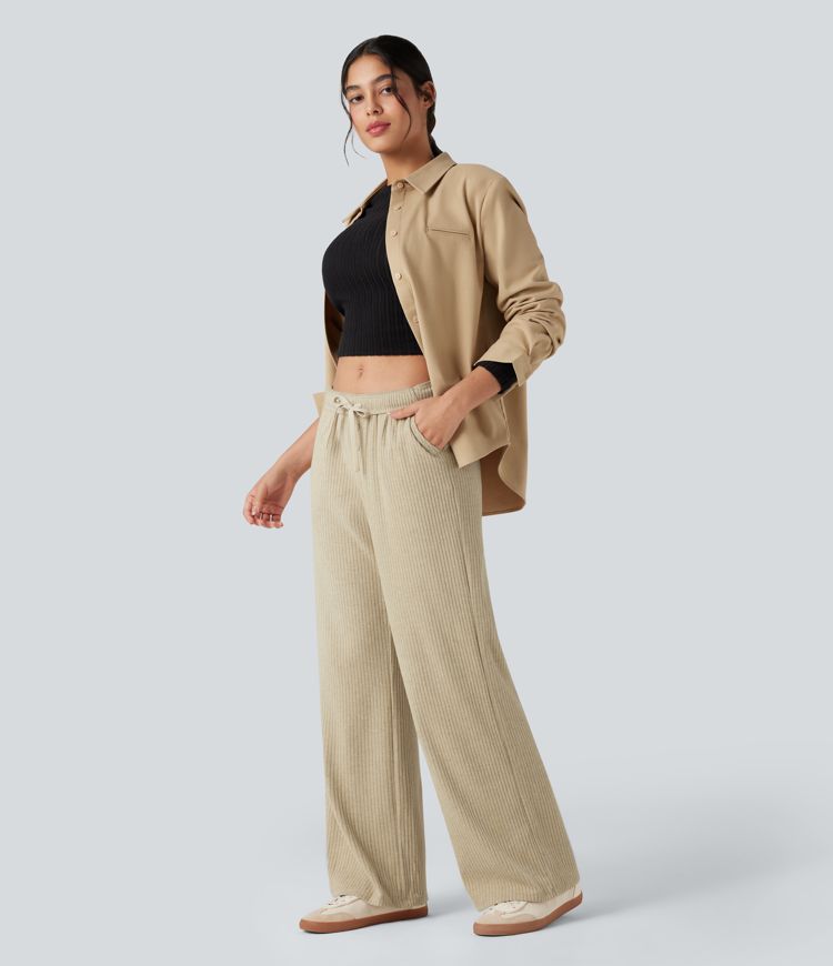 pantalon large décontracté en maille côtelée à taille basse et cordon de serrage avec poches
