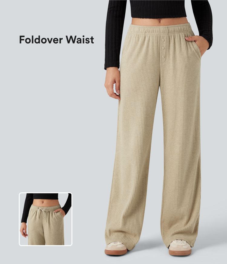 pantalon large décontracté en maille côtelée à taille basse et cordon de serrage avec poches