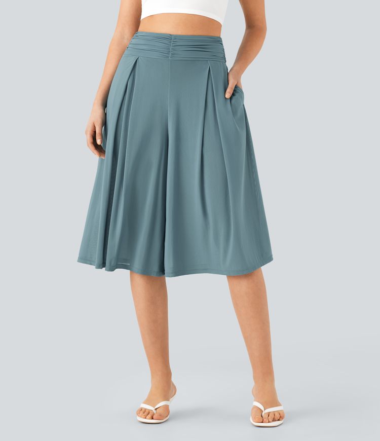 pantalon corsaire fluide 2 en 1 à taille haute en maille transparente et jambes larges avec poches