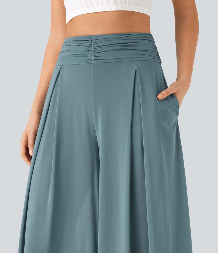 pantalon corsaire fluide 2 en 1 à taille haute en maille transparente et jambes larges avec poches
