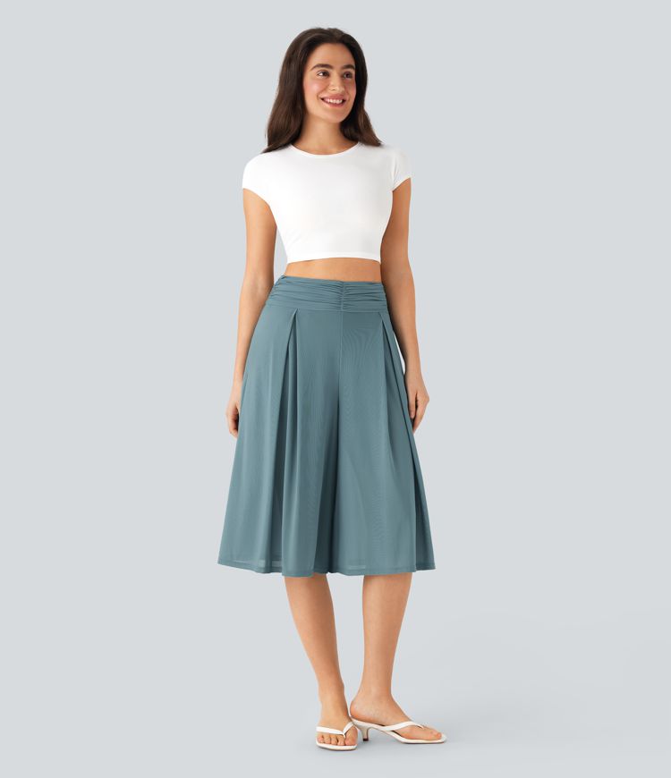 pantalon corsaire fluide 2 en 1 à taille haute en maille transparente et jambes larges avec poches