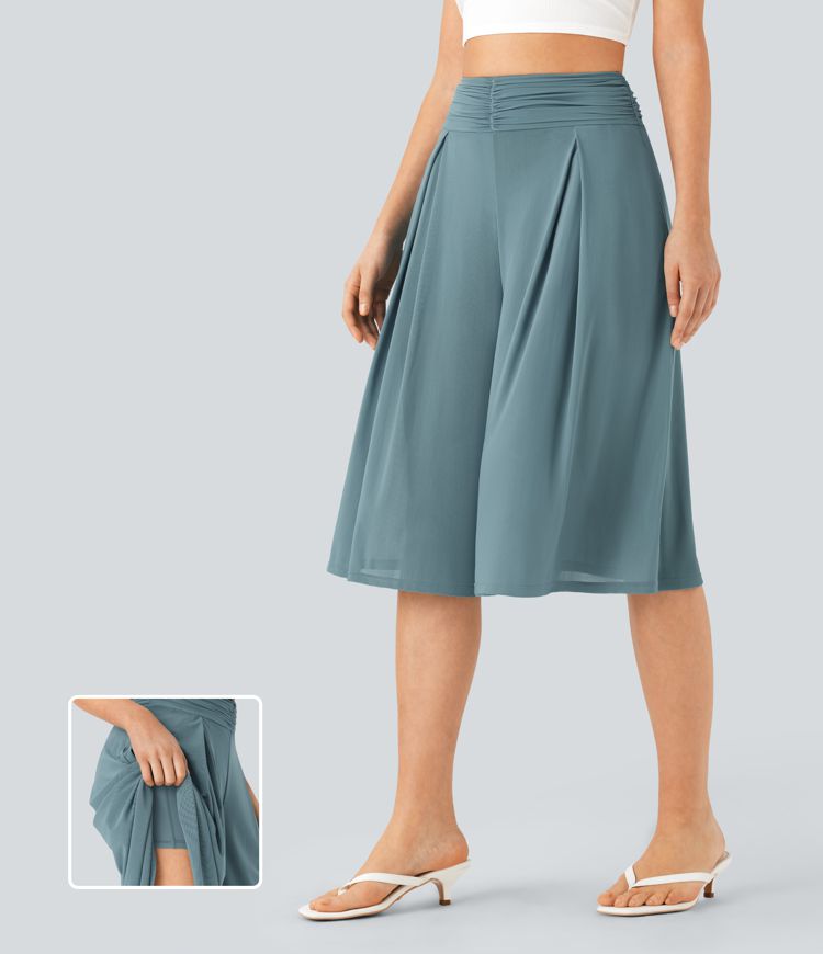 pantalon corsaire fluide 2 en 1 à taille haute en maille transparente et jambes larges avec poches