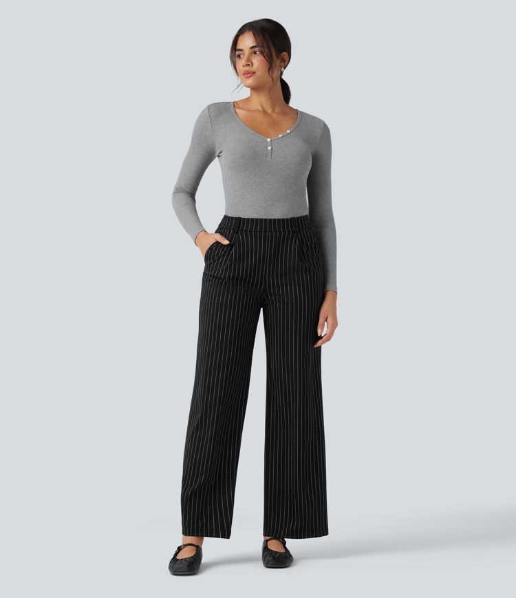 pantalon de travail à rayures taille haute et coupe droite avec poches style cool touch et finitions rayées halara flex