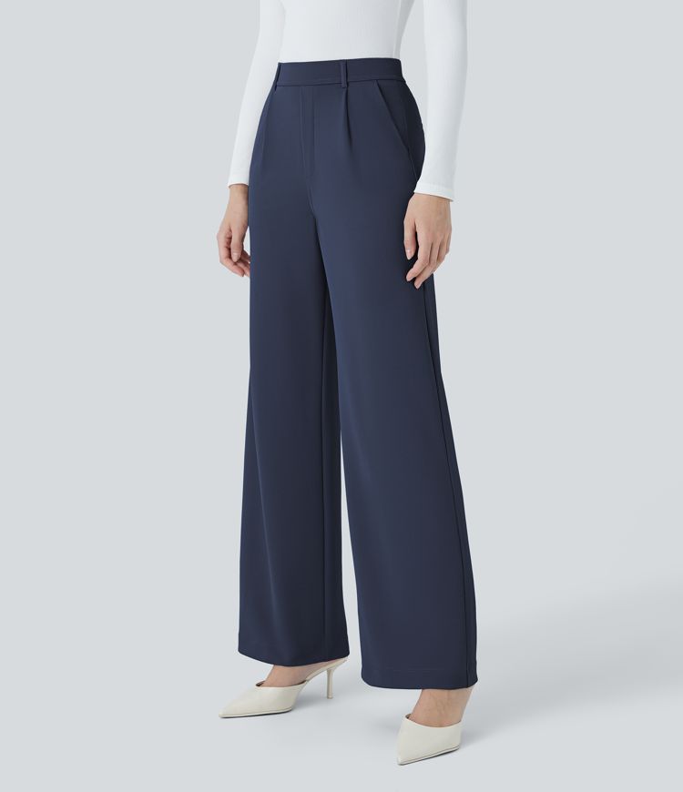 pantalon de travail halara flex taille haute poches jambes droites en crêpe