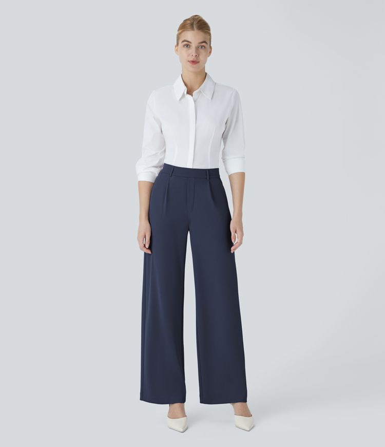 pantalon de travail halara flex taille haute poches jambes droites en crêpe