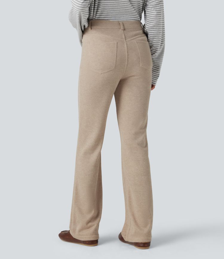 pantalon décontracté à taille haute côtelée et coupe bootcut avec poches