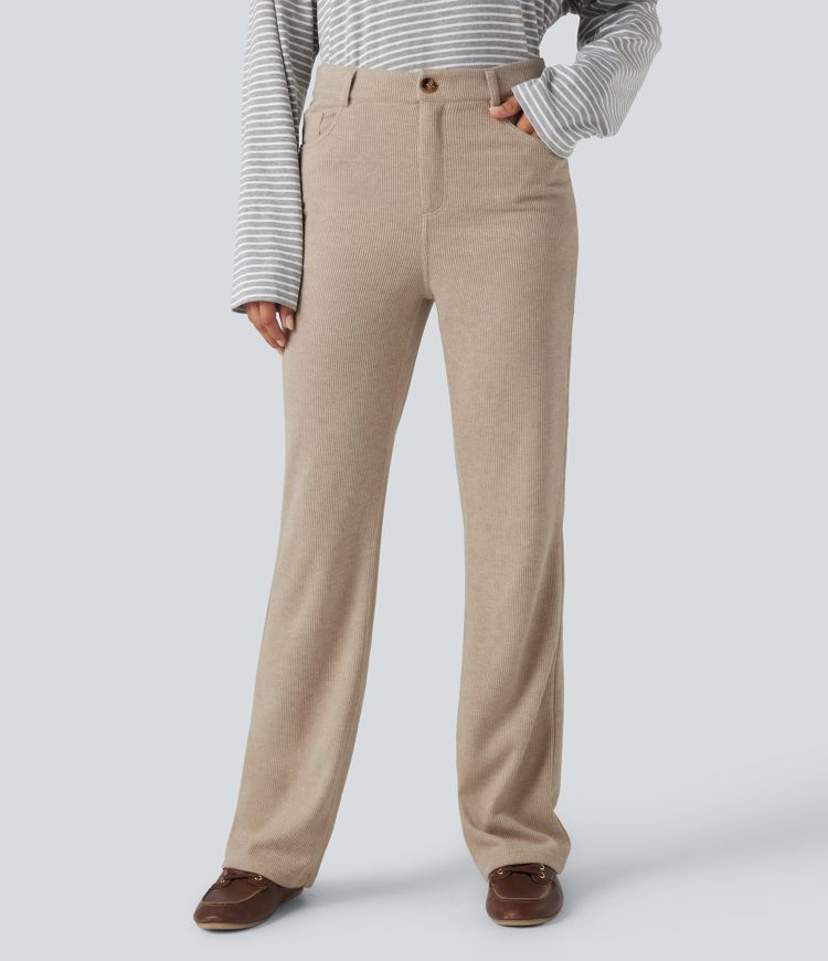 pantalon décontracté à taille haute côtelée et coupe bootcut avec poches