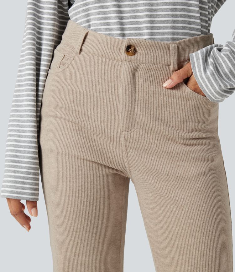 pantalon décontracté à taille haute côtelée et coupe bootcut avec poches