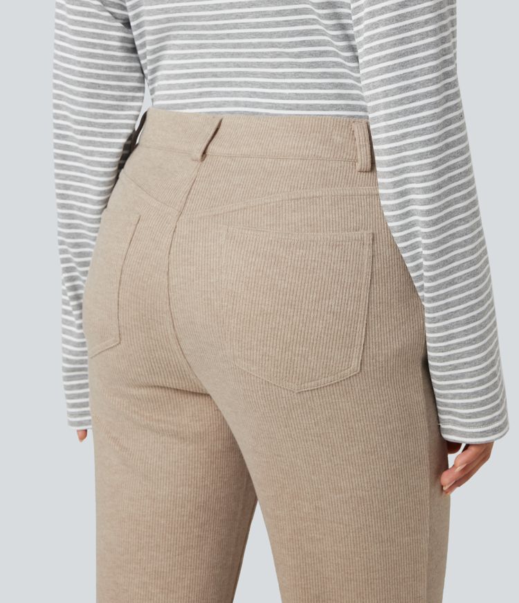 pantalon décontracté à taille haute côtelée et coupe bootcut avec poches