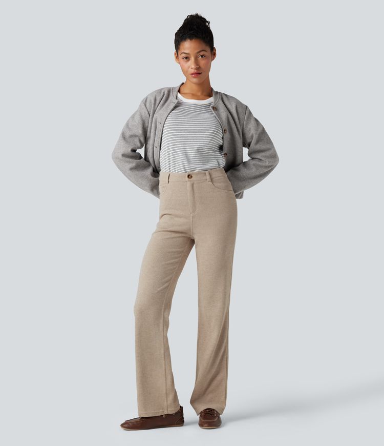 pantalon décontracté à taille haute côtelée et coupe bootcut avec poches