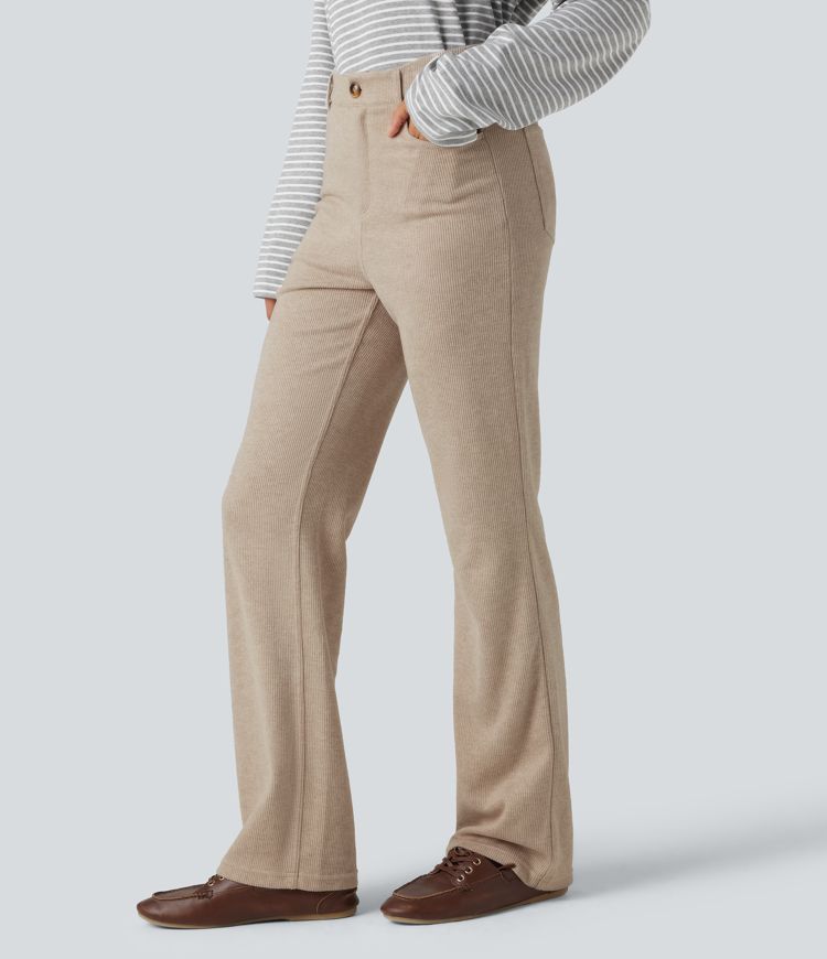 pantalon décontracté à taille haute côtelée et coupe bootcut avec poches