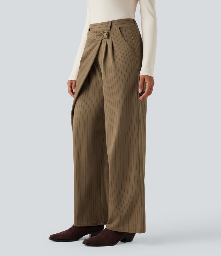 pantalon de travail asymétrique à taille haute et jambes larges rayé et doux au toucher avec poches halara flex