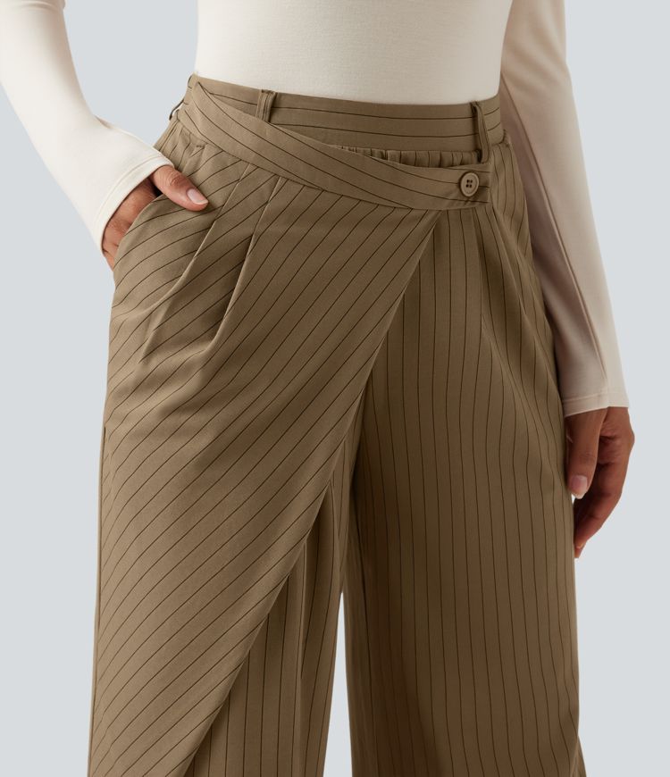 pantalon de travail asymétrique à taille haute et jambes larges rayé et doux au toucher avec poches halara flex