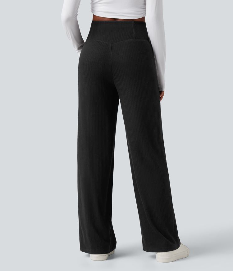 pantalon décontracté taille haute en maille côtelée coupe droite effet ventre plat avec poches