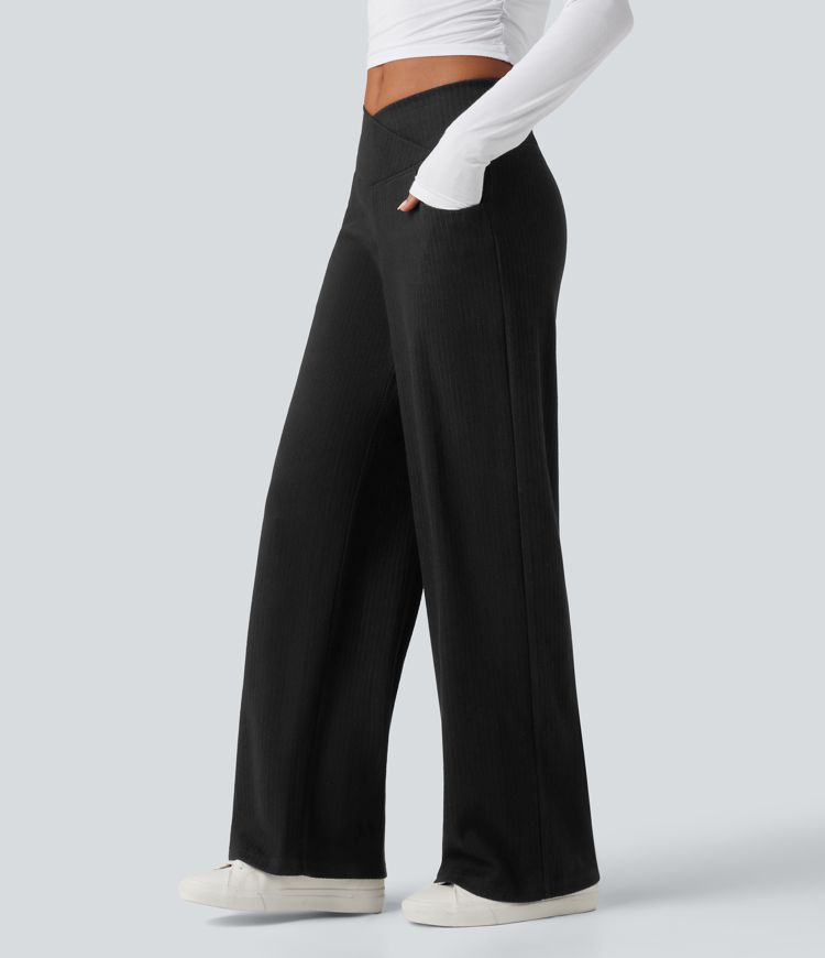 pantalon décontracté taille haute en maille côtelée coupe droite effet ventre plat avec poches