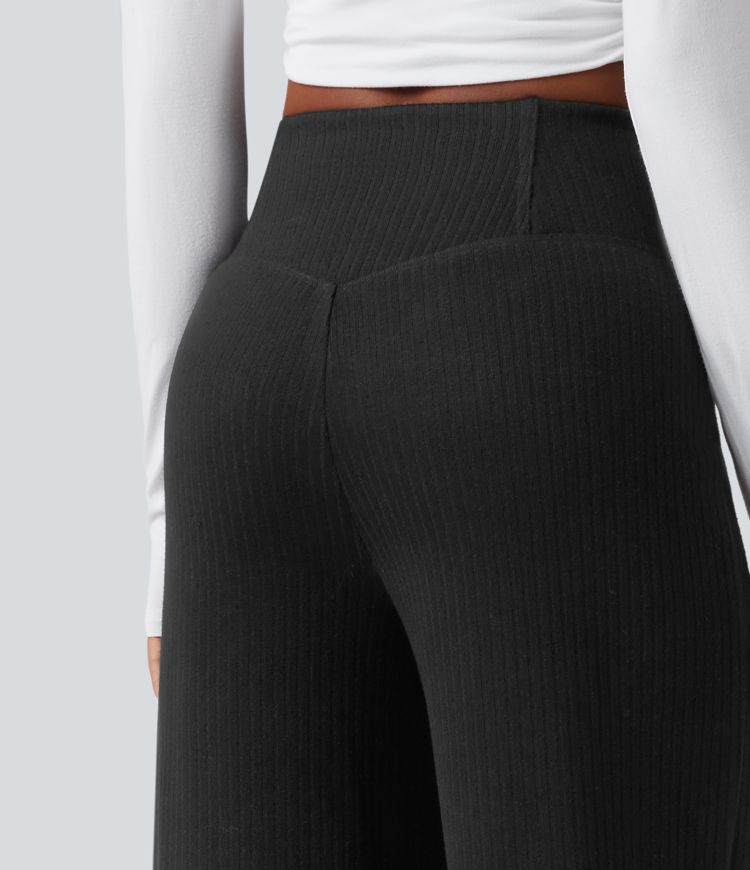 pantalon décontracté taille haute en maille côtelée coupe droite effet ventre plat avec poches