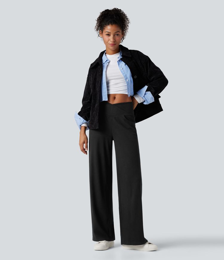 pantalon décontracté taille haute en maille côtelée coupe droite effet ventre plat avec poches