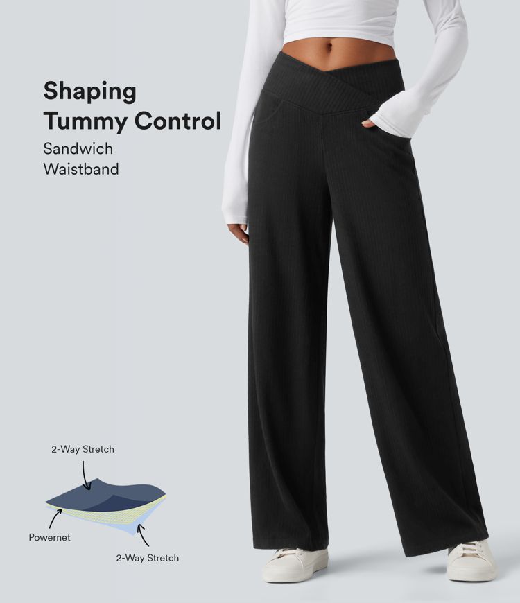 pantalon décontracté taille haute en maille côtelée coupe droite effet ventre plat avec poches