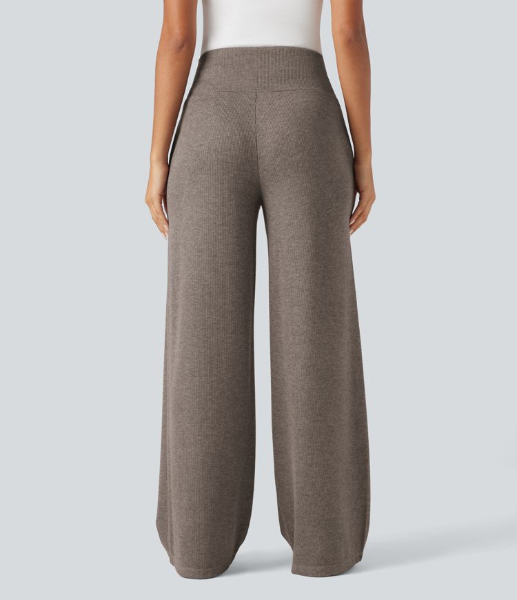 pantalon large décontracté en maille côtelée taille haute cordon de serrage ventre plat et poches