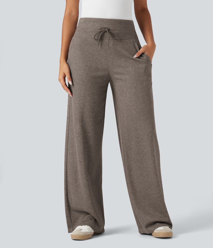 pantalon large décontracté en maille côtelée taille haute cordon de serrage ventre plat et poches