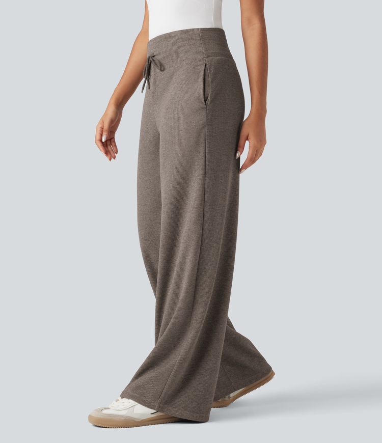 pantalon large décontracté en maille côtelée taille haute cordon de serrage ventre plat et poches