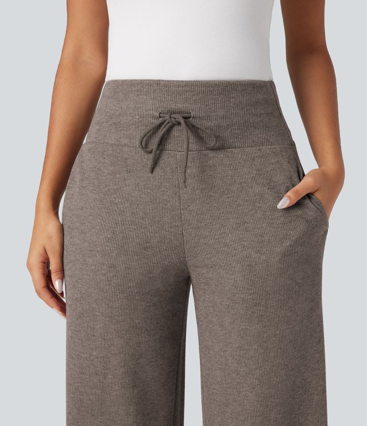 pantalon large décontracté en maille côtelée taille haute cordon de serrage ventre plat et poches