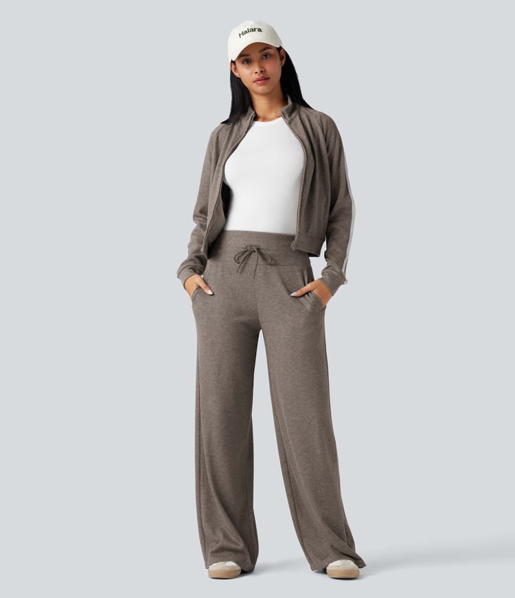 pantalon large décontracté en maille côtelée taille haute cordon de serrage ventre plat et poches