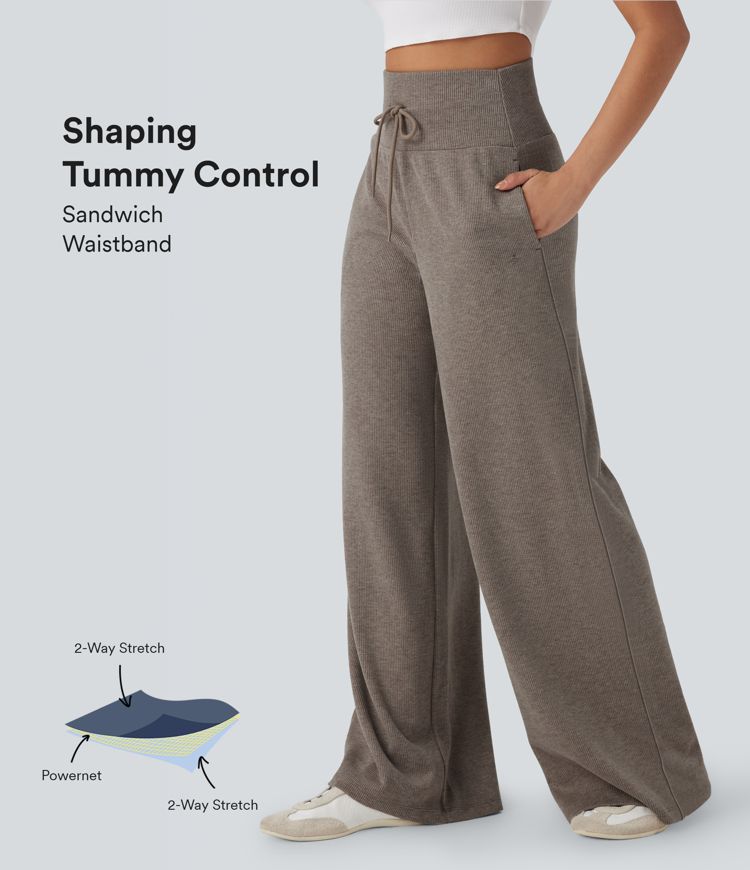 pantalon large décontracté en maille côtelée taille haute cordon de serrage ventre plat et poches