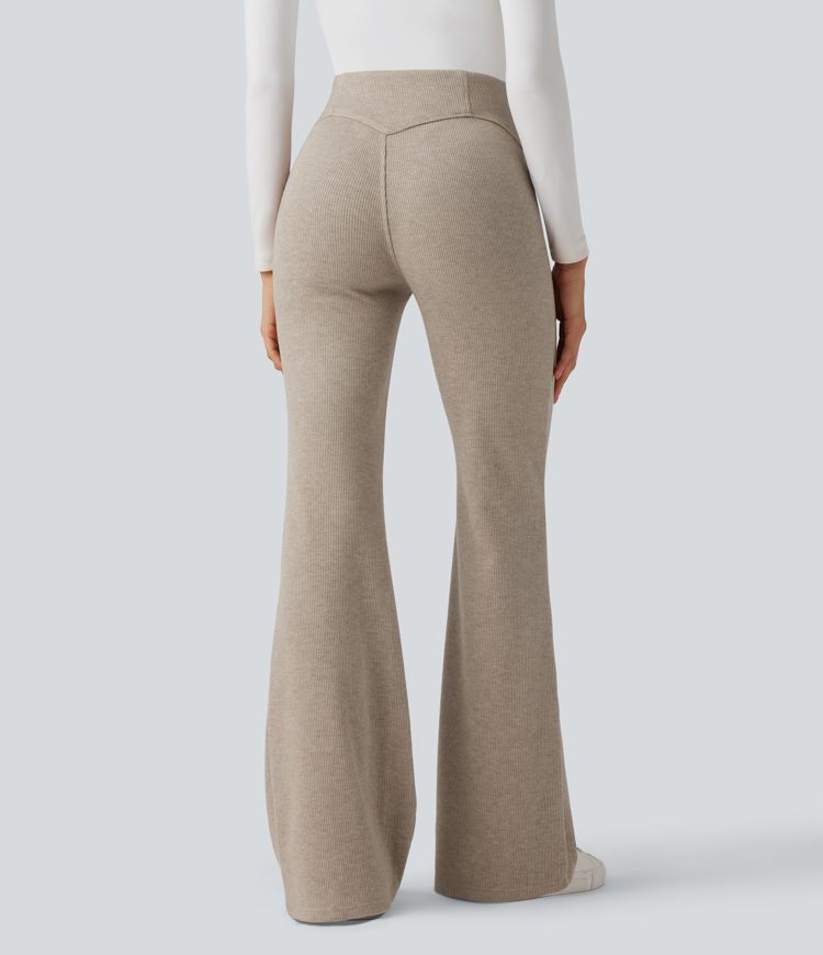 pantalon évasé décontracté à taille haute côtelée et effet ventre plat
